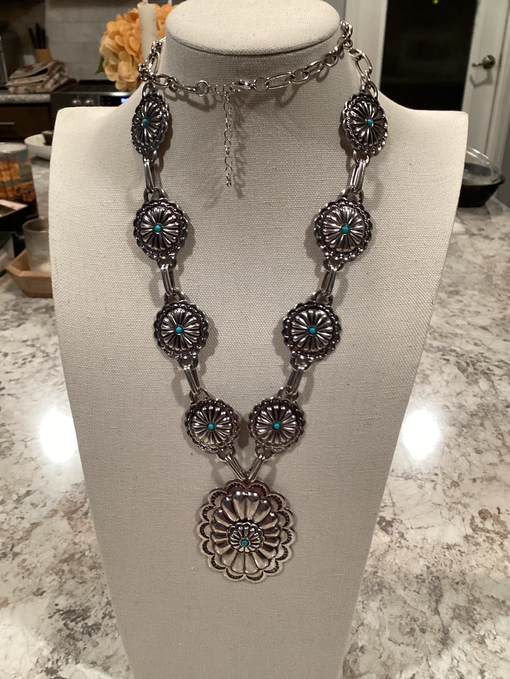 Silver-Tone Floral Concho Necklace with Turquoise Accents